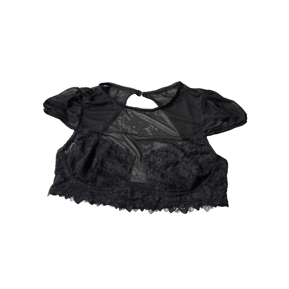 Black Lace Mesh Crop Top Short Puff Sleeve Hook Back Bralette Top - Picture 4 of 8